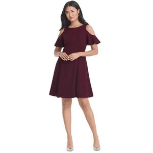 White House Black Market Cold-Shoulder Fit-And-Flare Dress Purple Maroon Size 2